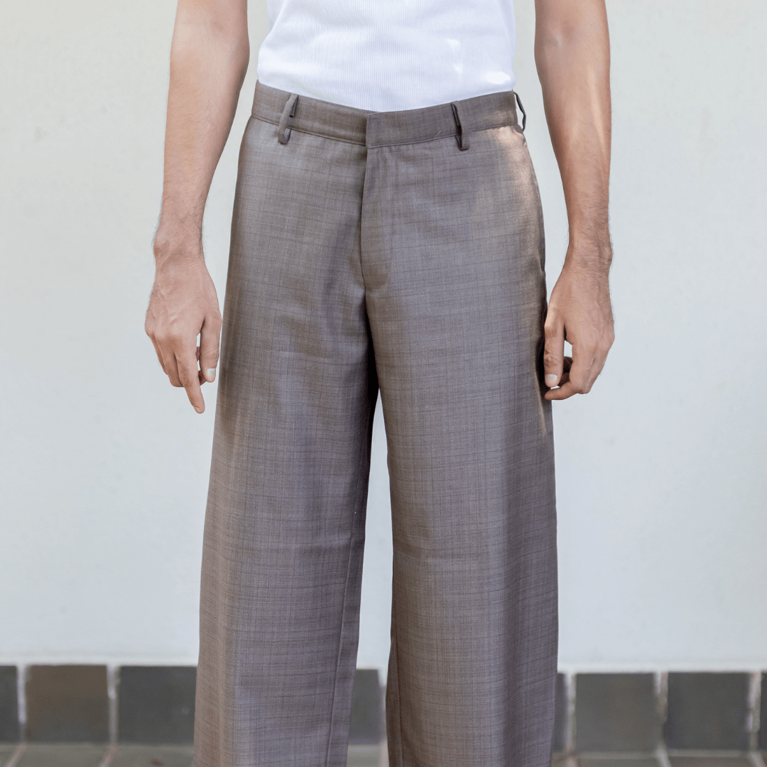 Men's formal trousers, flat front with belt loops and straight legs in gray.