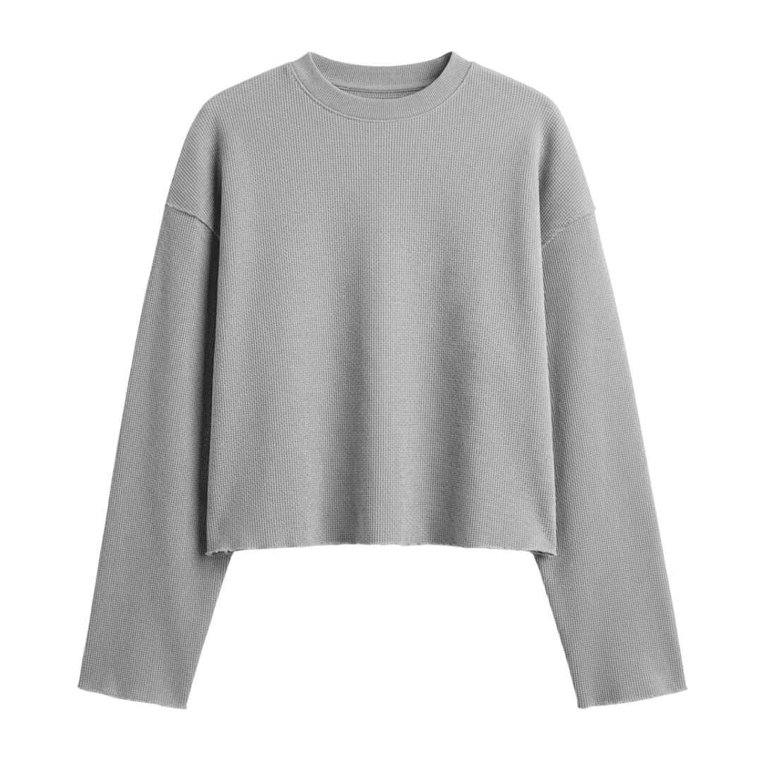Light gray waffle-knit long-sleeve crop sweater with crew neck and dropped shoulder