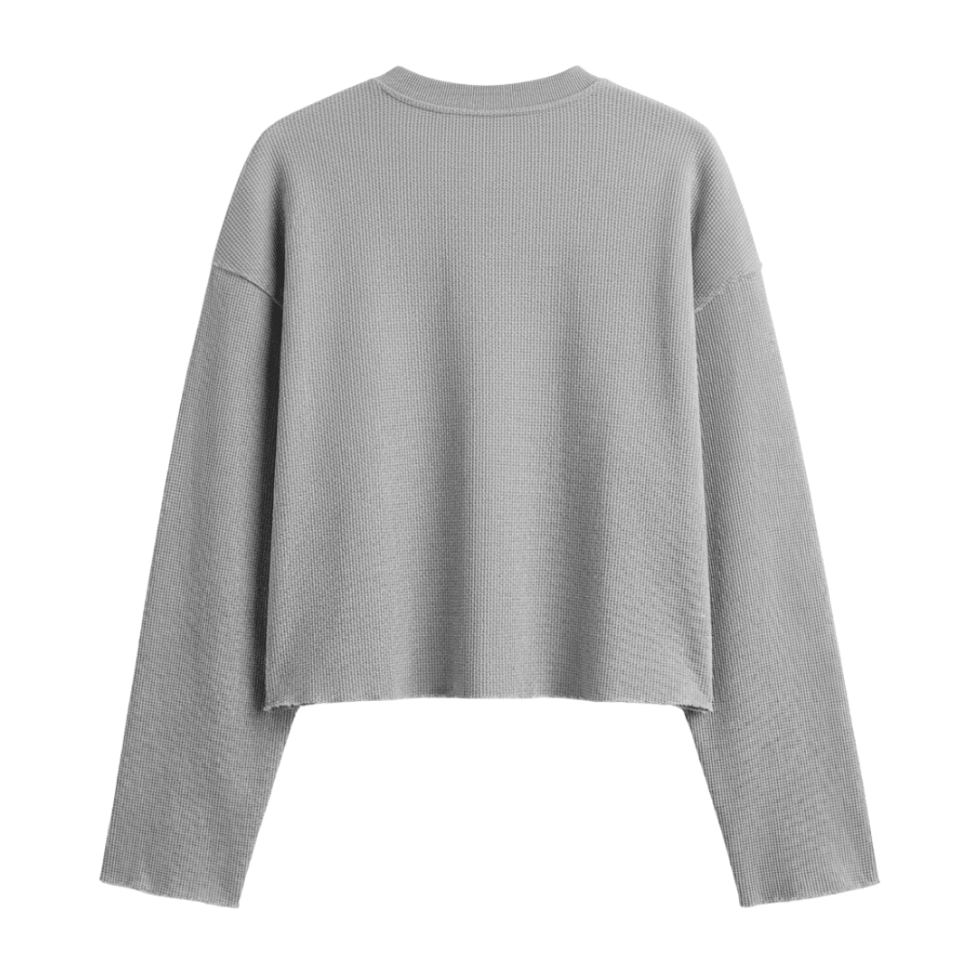 Light gray waffle-knit long-sleeve crop sweater with crew neck