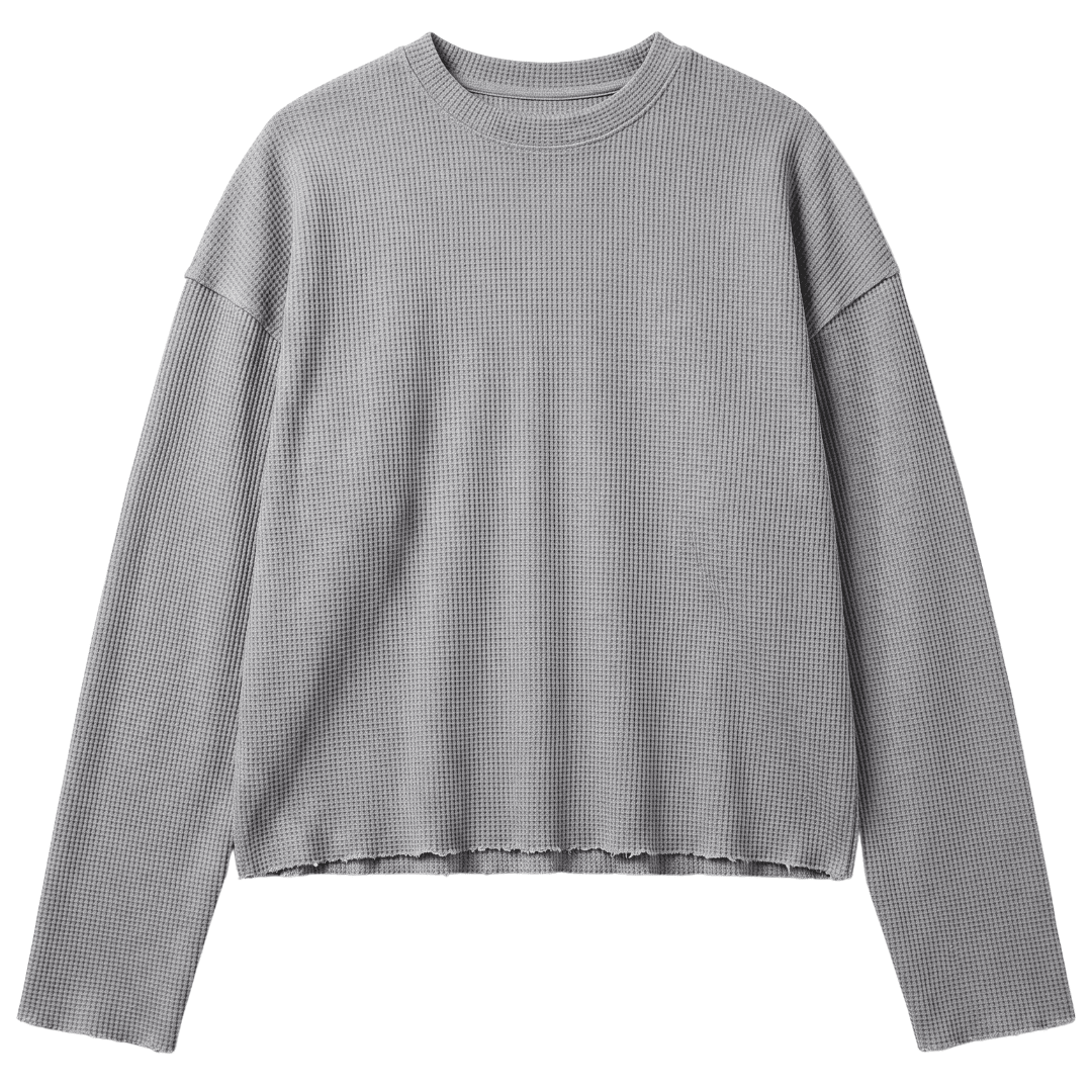 Grey waffle-knit crewneck sweater with long sleeves and ribbed hem