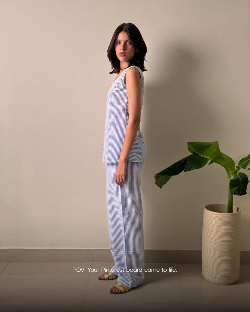 Light blue striped linen co-ord sleeveless wrap top and matching straight-leg pants
