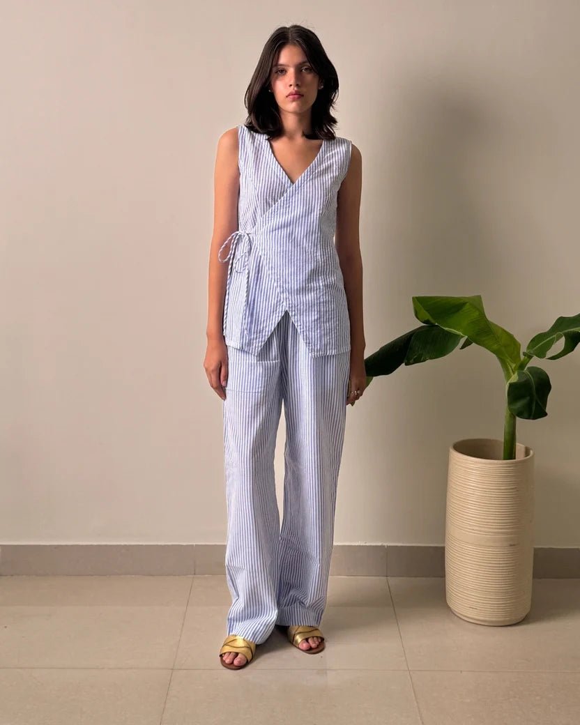 Light blue striped linen wrap sleeveless top with matching wide-leg trousers