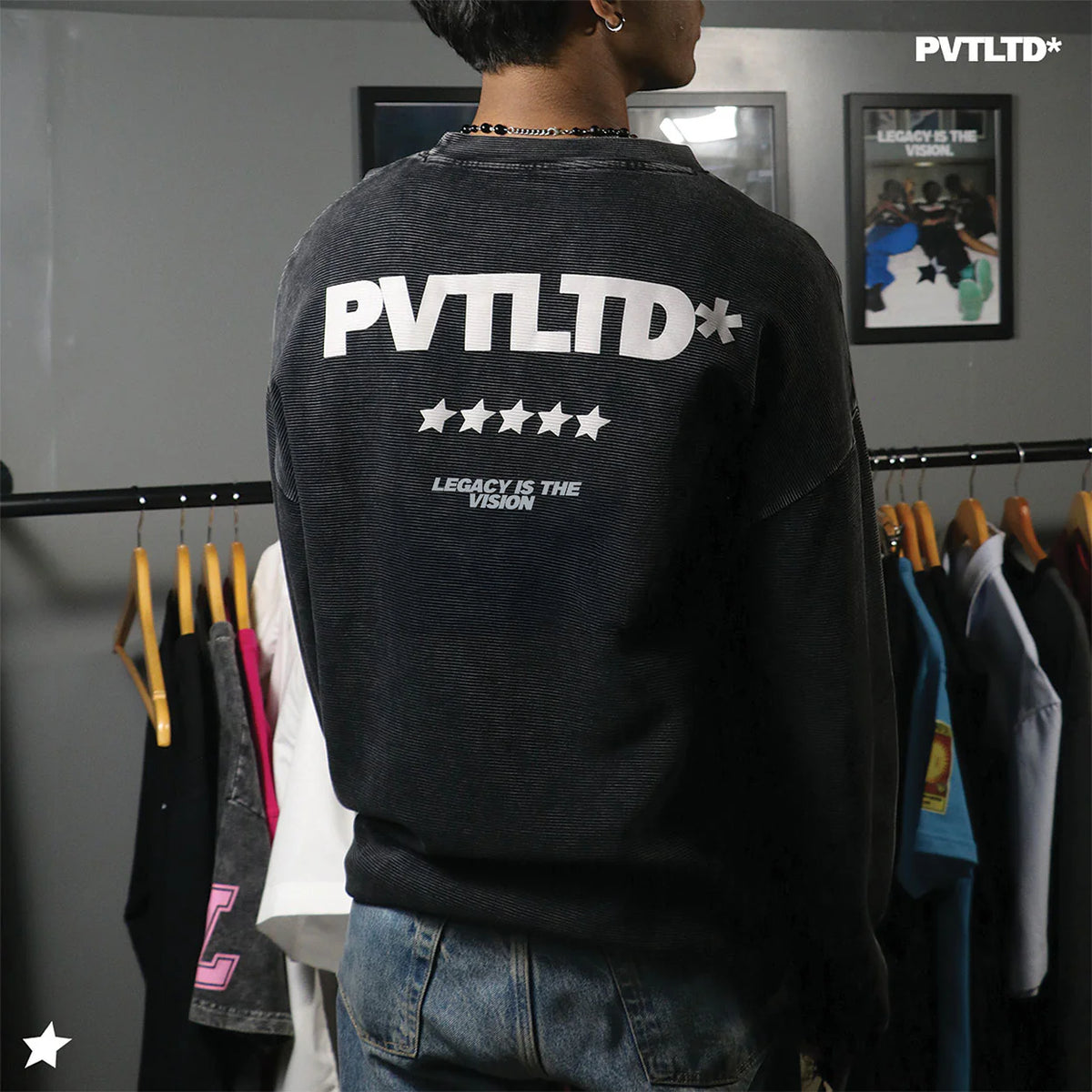 Charcoal long-sleeve crewneck sweatshirt with back PVT LTD* text and star print
