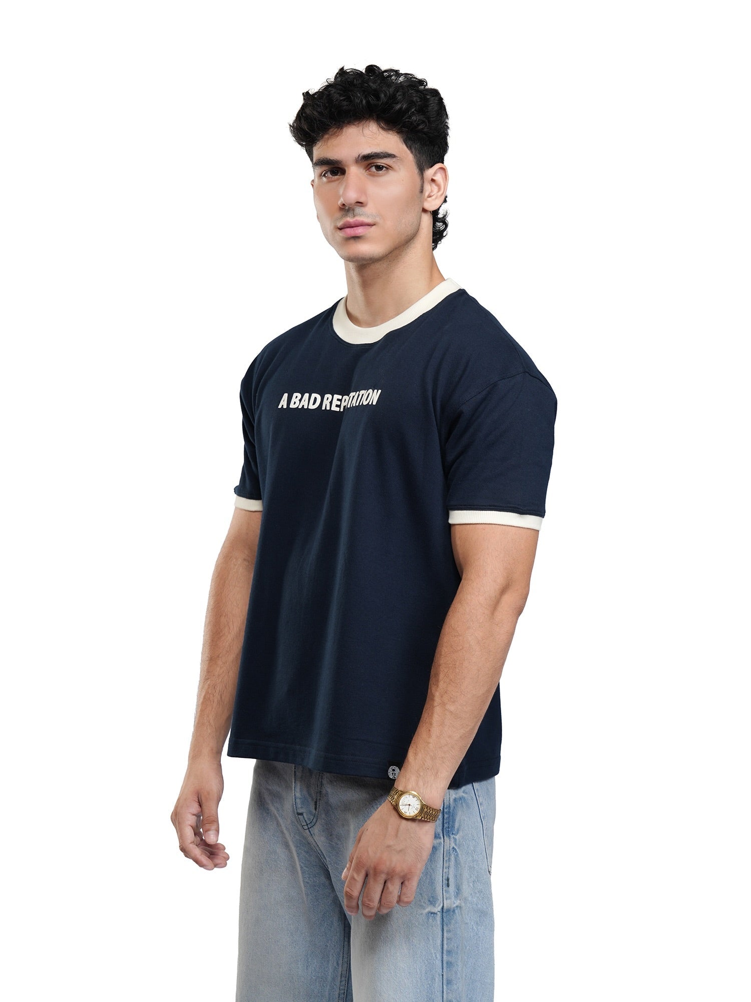 Navy ringer T-shirt with white trim, crew neckline, A BAD REPUTATION chest print