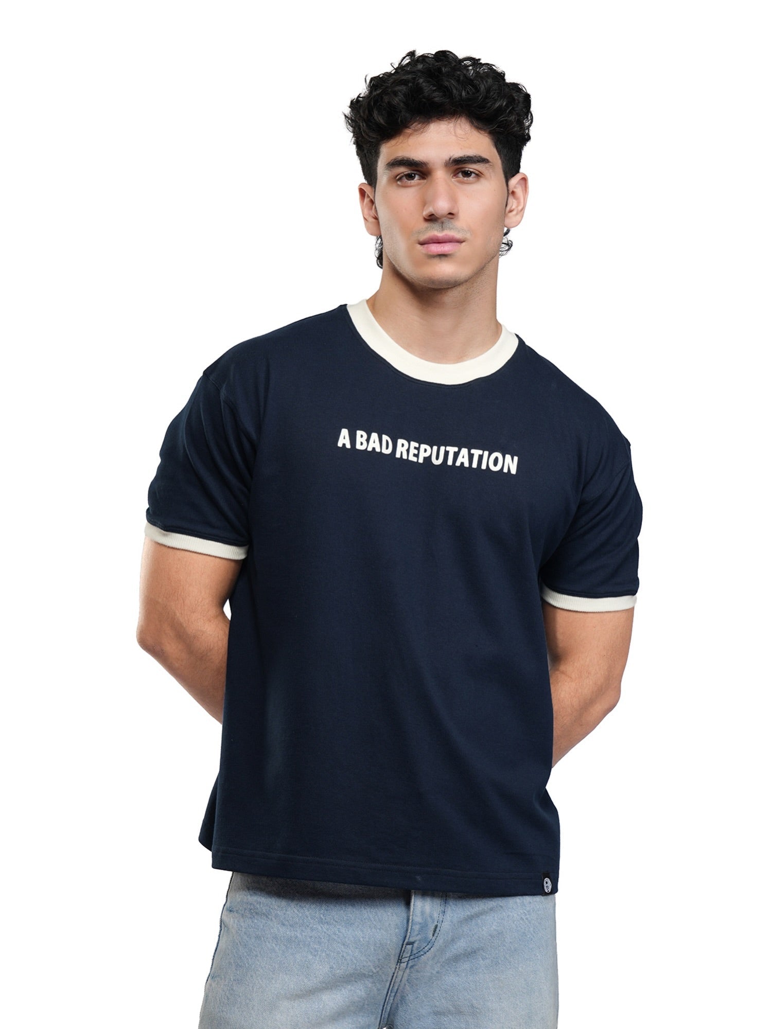 Navy ringer T-shirt with white collar/cuffs, A BAD REPUTATION chest print