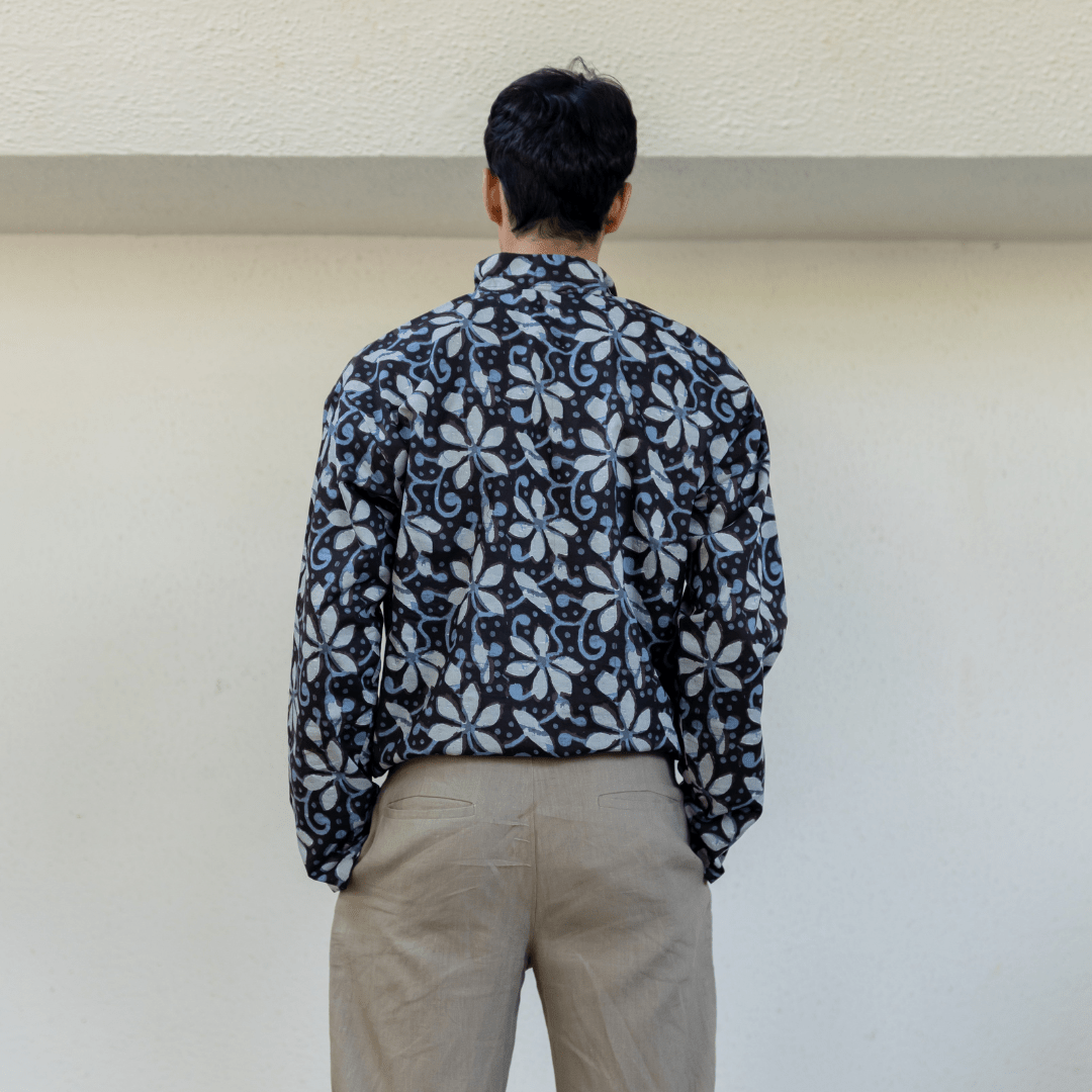 Batik gathered-hem button-up shirt, dark navy with white floral pattern, back view