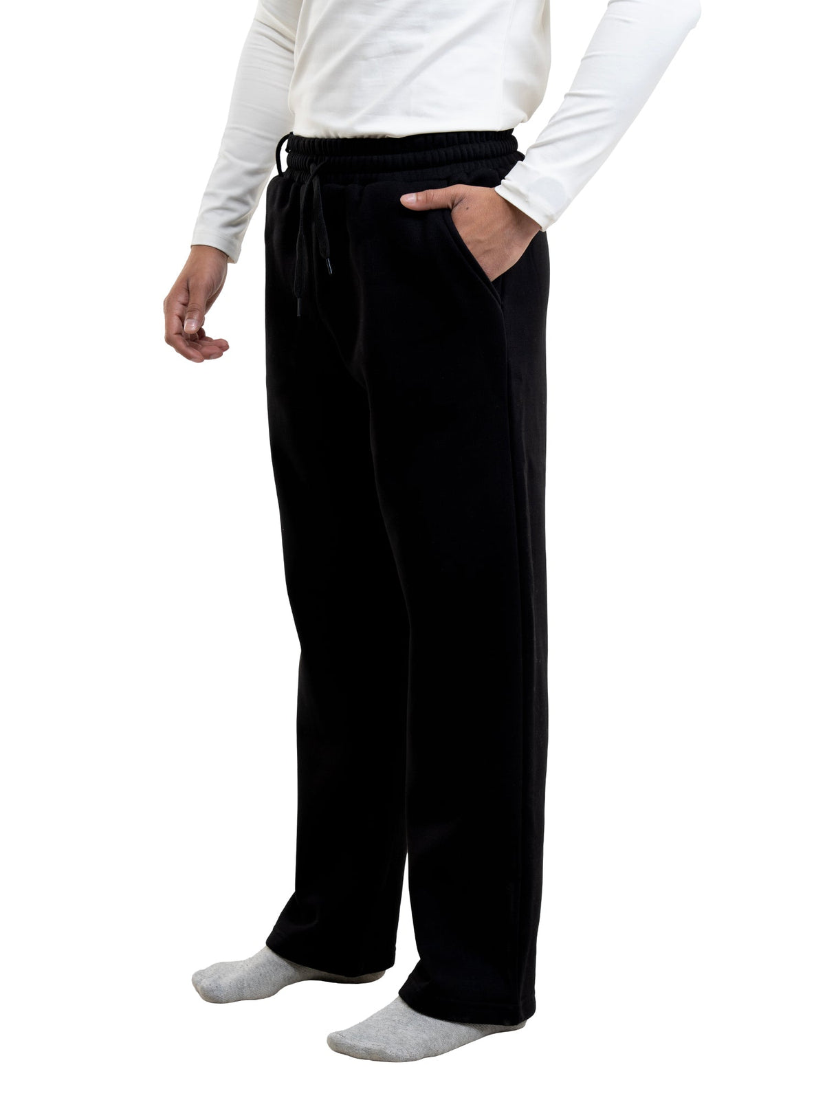 Black sweatpants with drawstring waist and wide straight-leg fit