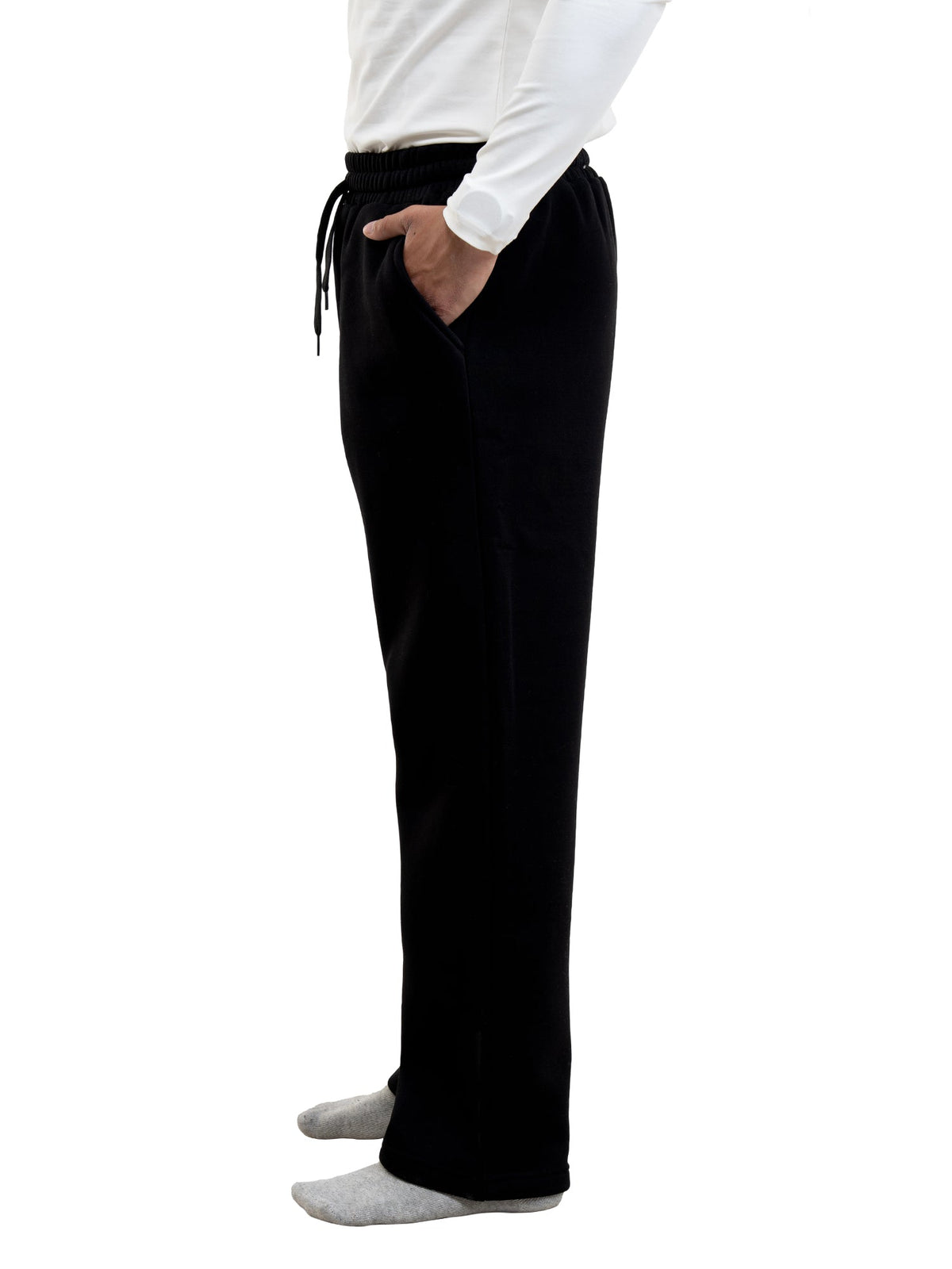 Black sweatpants with adjustable drawstring waist and relaxed straight leg