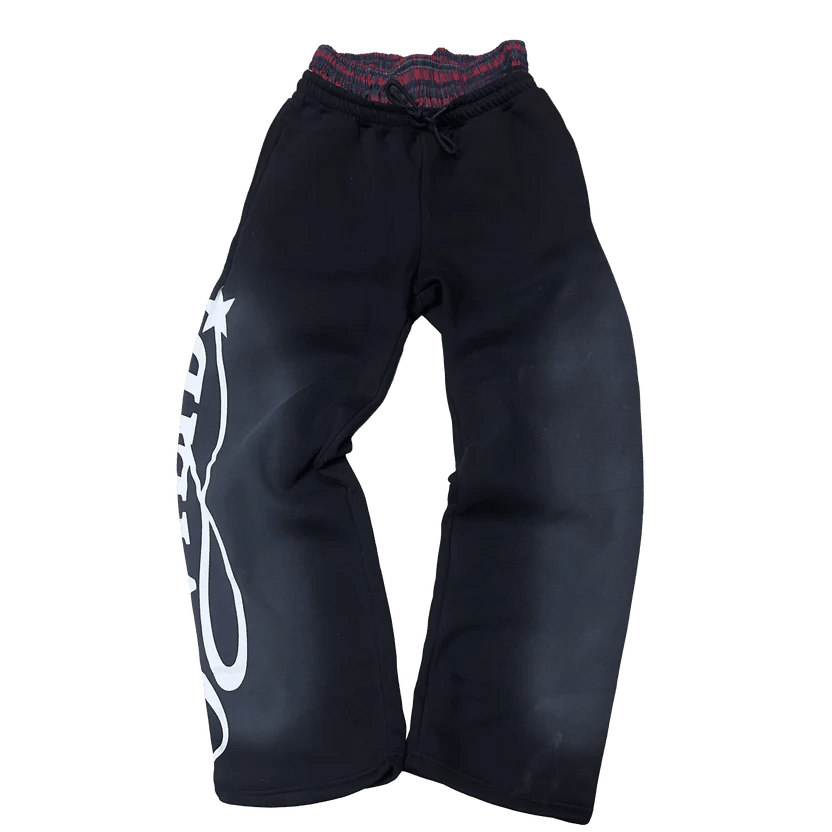Black boxer track pants with bold white side graphic and elastic drawstring waistband