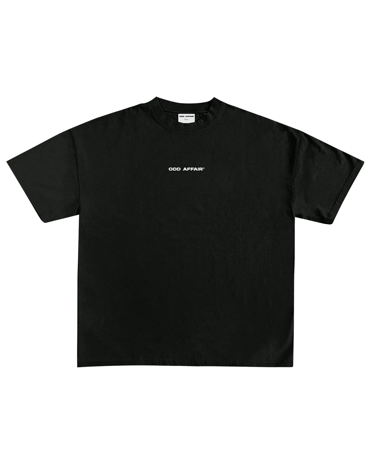 Black basic T-shirt with small chest text logo