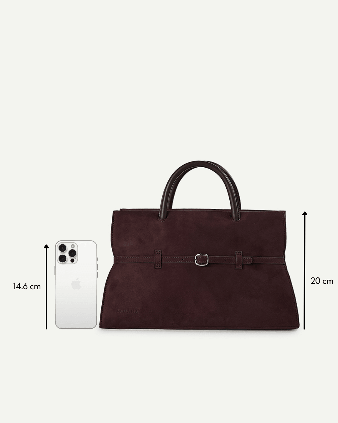 Dark brown structured handbag with top handles and center buckle