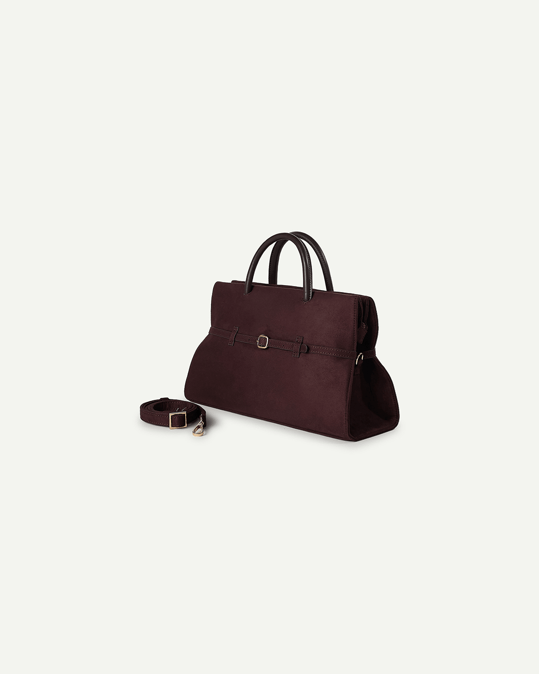Dark brown handbag with detachable strap and front buckle