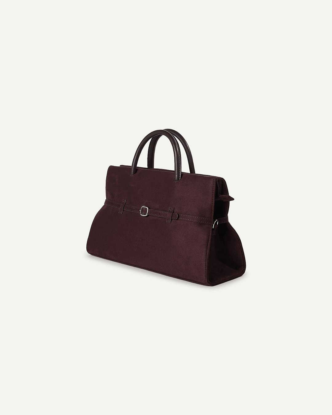 Dark brown handbag with side buckle detail and top handles