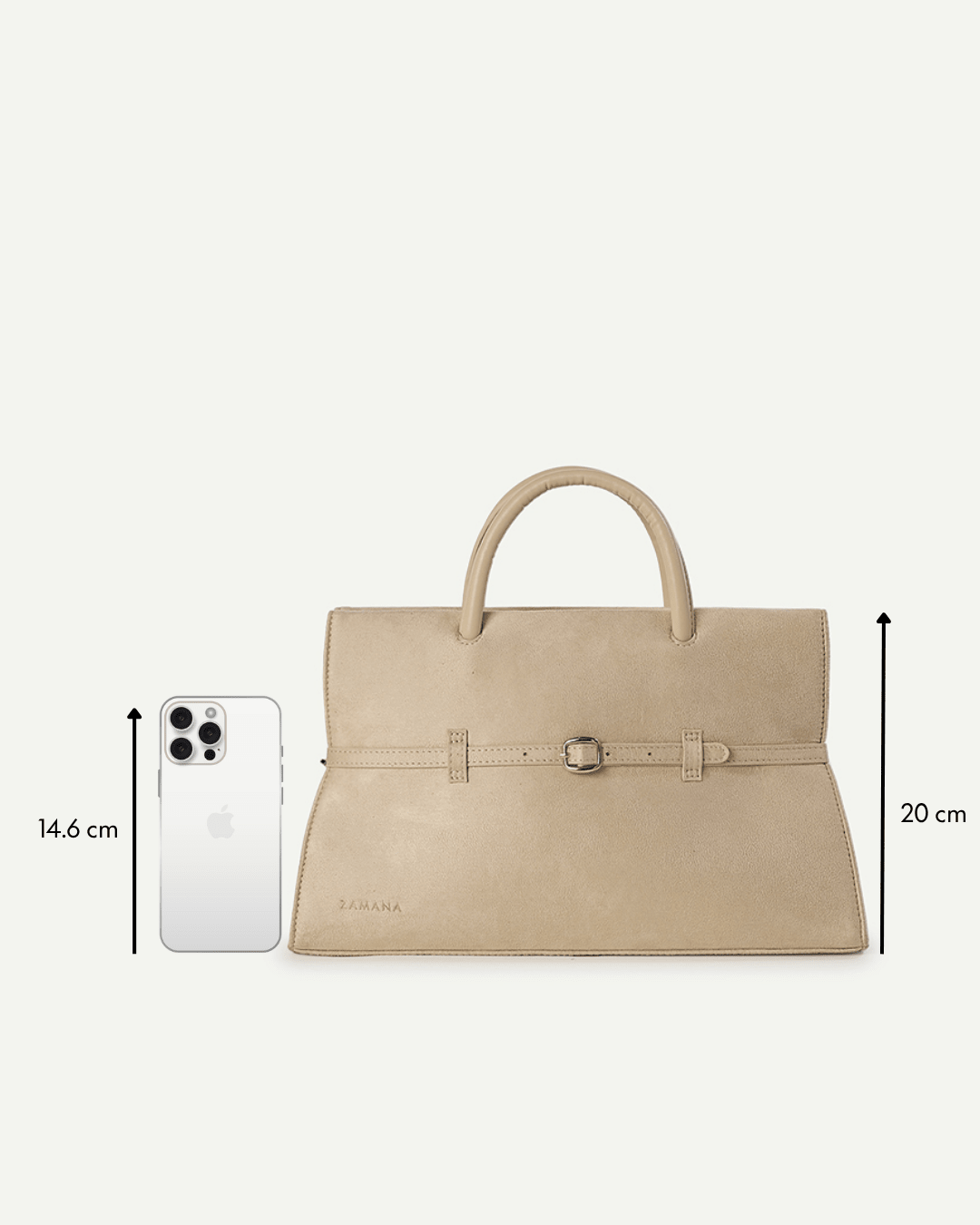 Cream structured handbag tote with top handles and front buckle strap detail