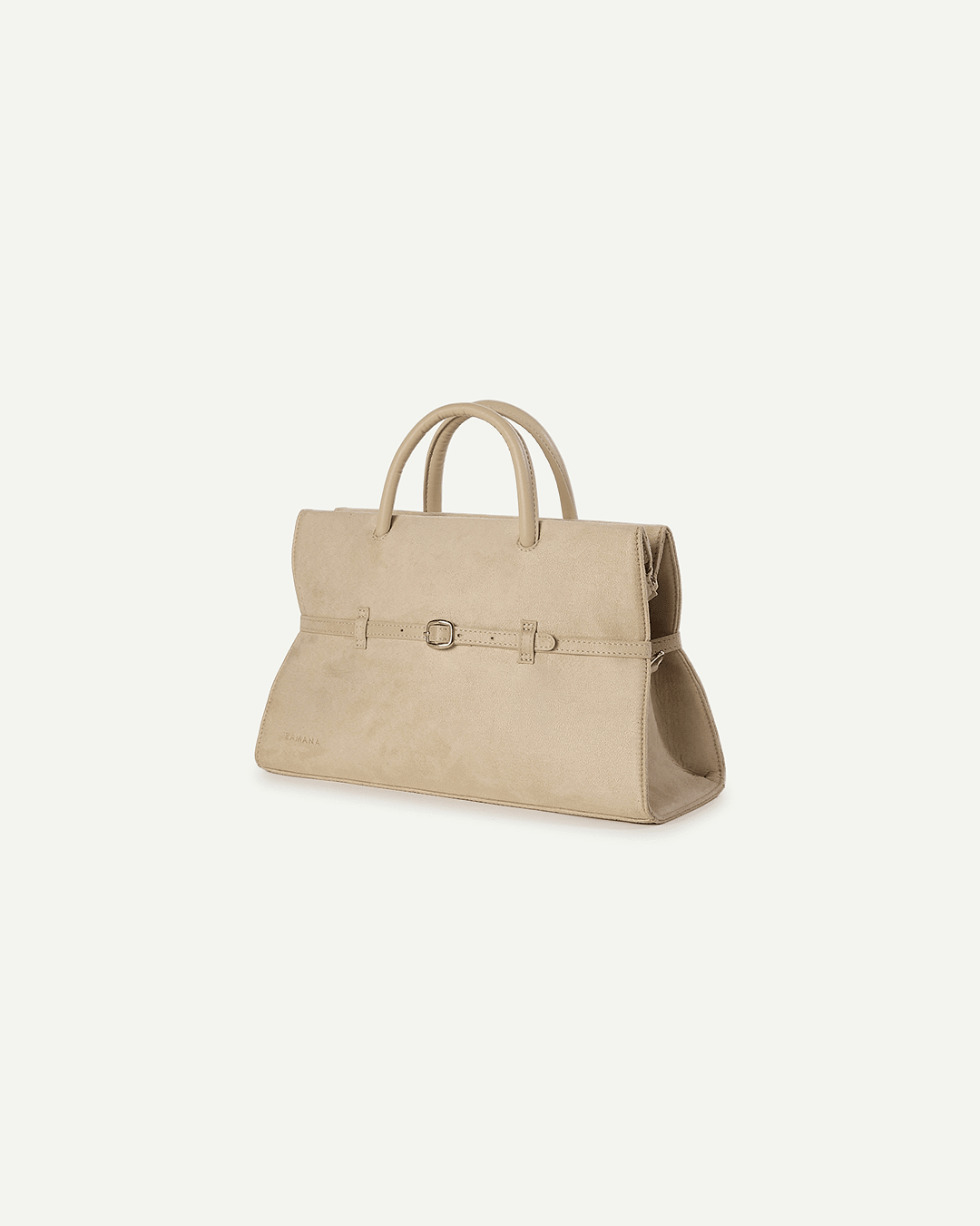 Cream handbag tote with top handles, front buckle strap, and side view
