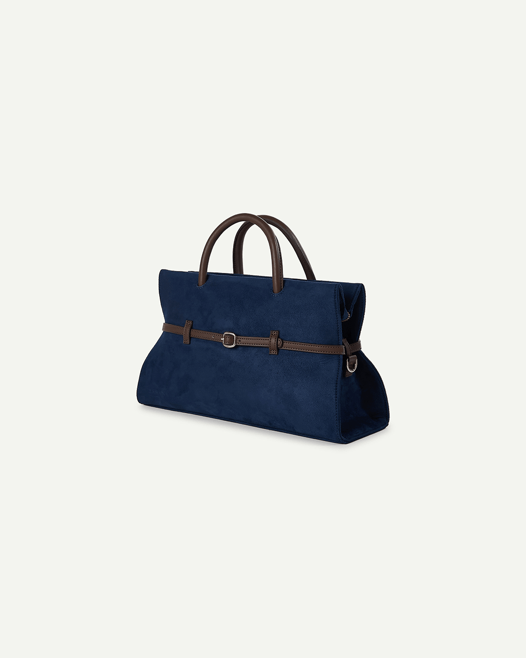 Dark blue tote bag with brown handles and central buckle detail