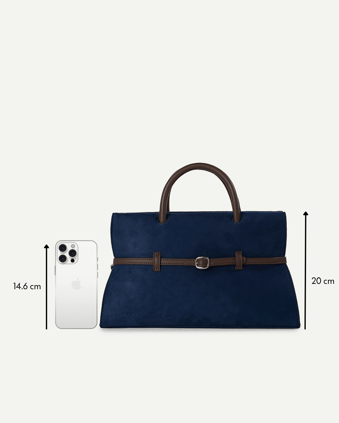 Dark blue tote bag with brown strap and handles, shown with size comparison icons