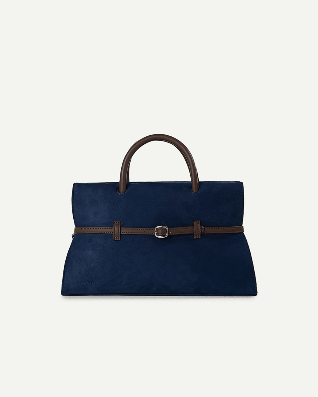 Dark blue structured tote bag with brown leather-style handles and front buckle strap