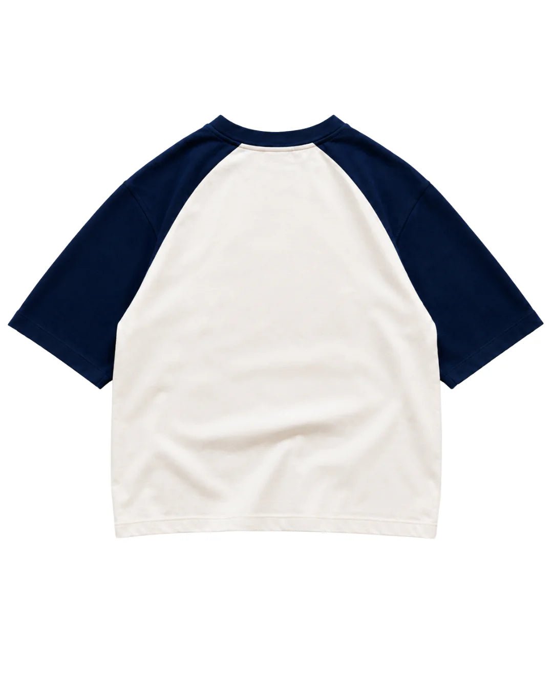Oversized raglan tee with navy sleeves and white body, crew neck