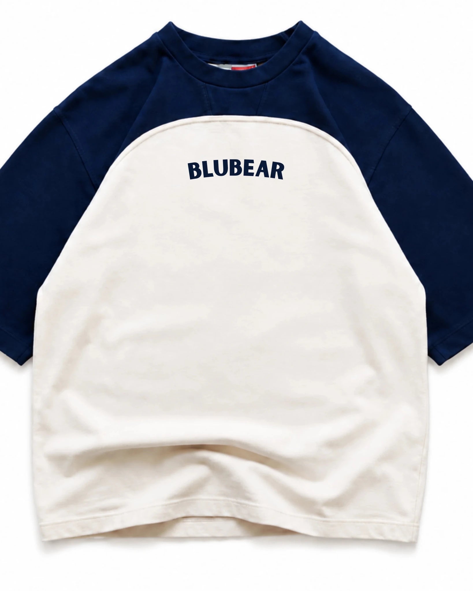 Oversized raglan tee with BLUBEAR text on white front, navy sleeves