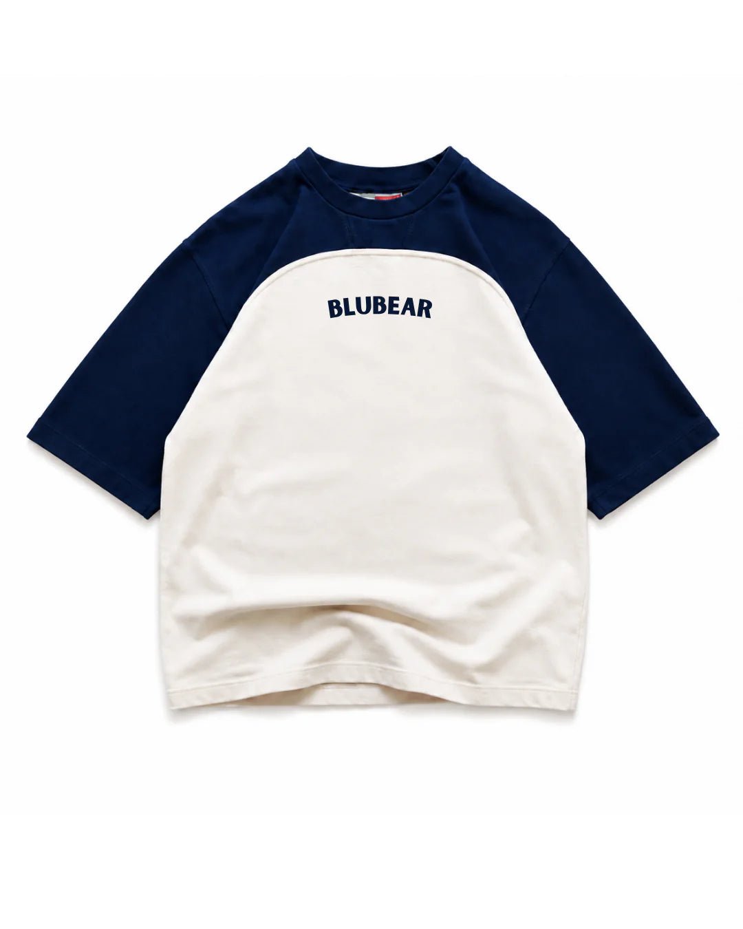 Oversized raglan tee with BLUBEAR logo on white front panel, navy sleeves