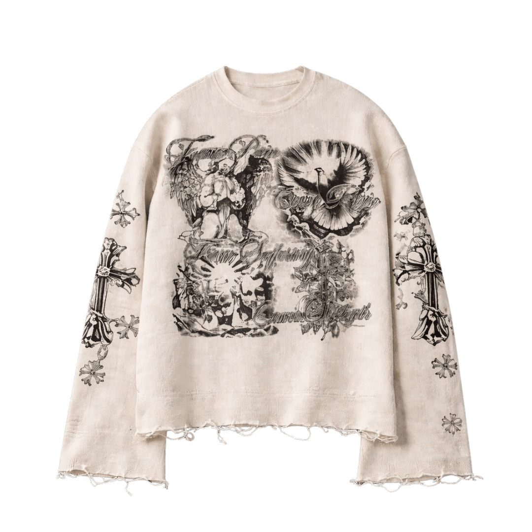Waffle knit sweatshirt, light beige, front bird-and-flower graphic with butterfly sleeve prints