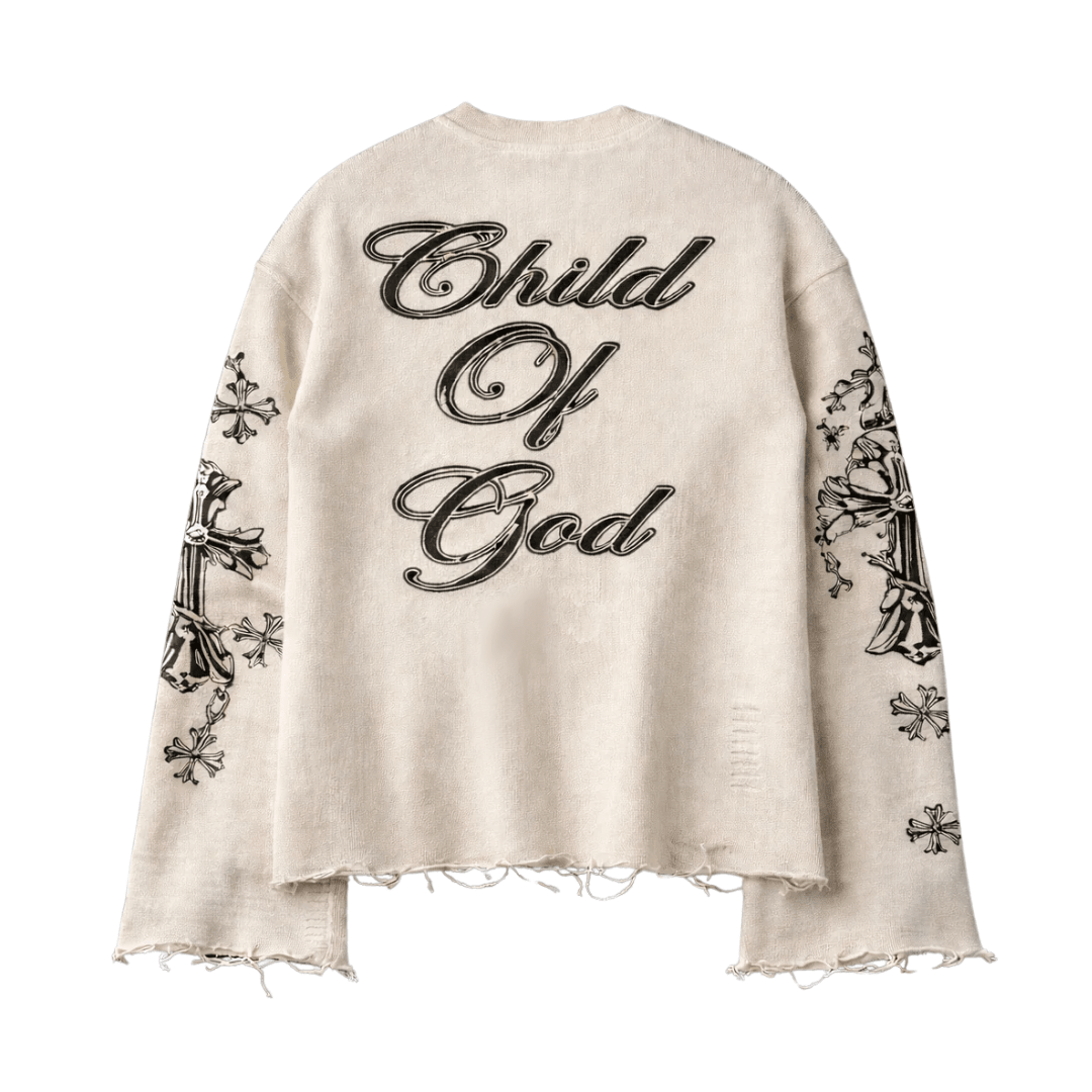 Waffle knit sweatshirt, light beige, back print 'Child Of God' with butterfly sleeve graphics