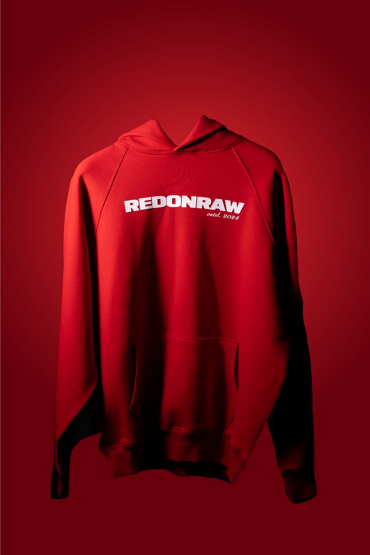 Blood red pullover hoodie with REDONRAW logo and front kangaroo pocket