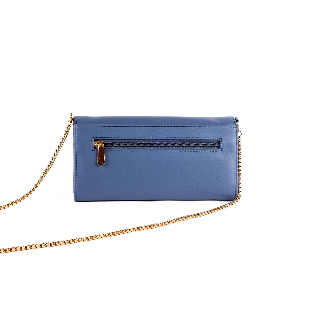 Blue clutch wallet with gold chain strap and front zip pocket