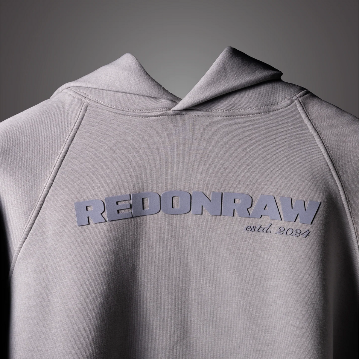 Light gray hoodie with large chest logo and small 'est. 2024' text