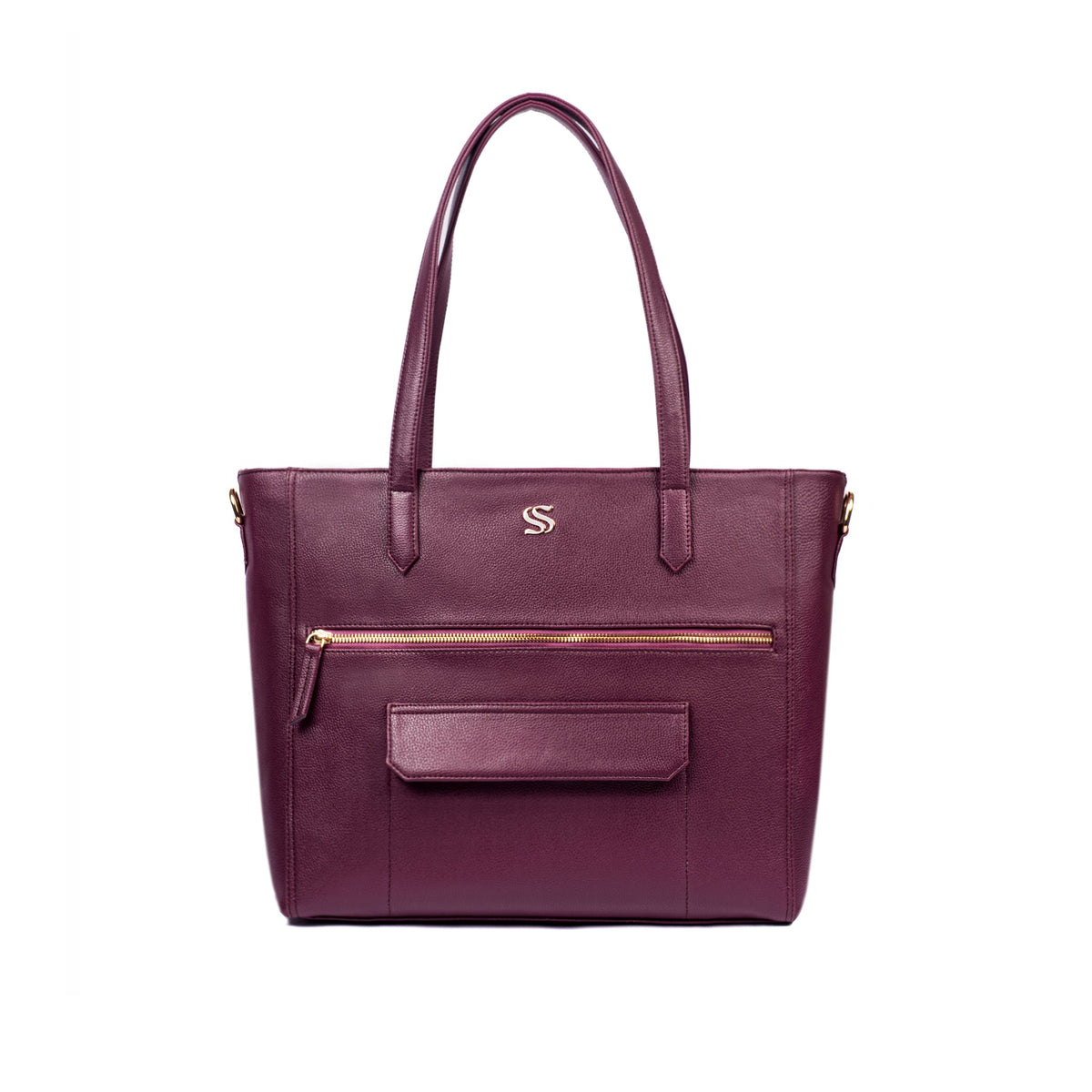 Burgundy tote bag front panel with gold crest, handles, and zip pocket