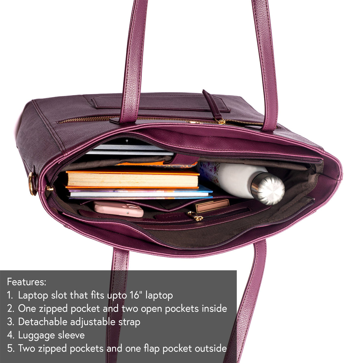 Burgundy tote bag interior showing laptop sleeve and organizer pockets