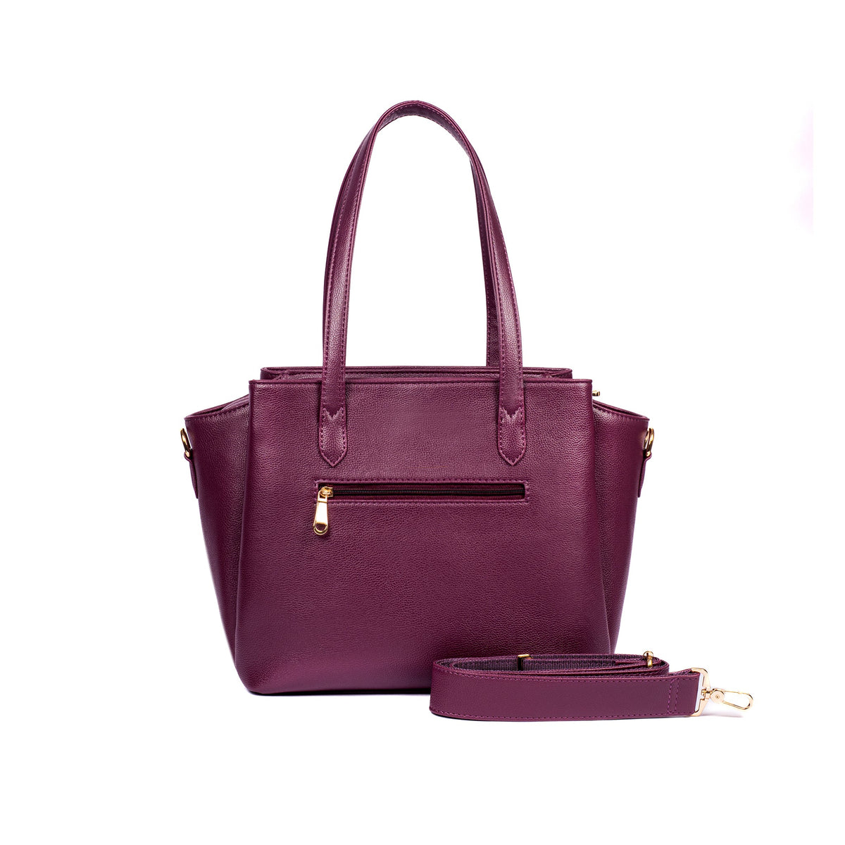 Burgundy tote bag with crossbody strap and gold zipper hardware