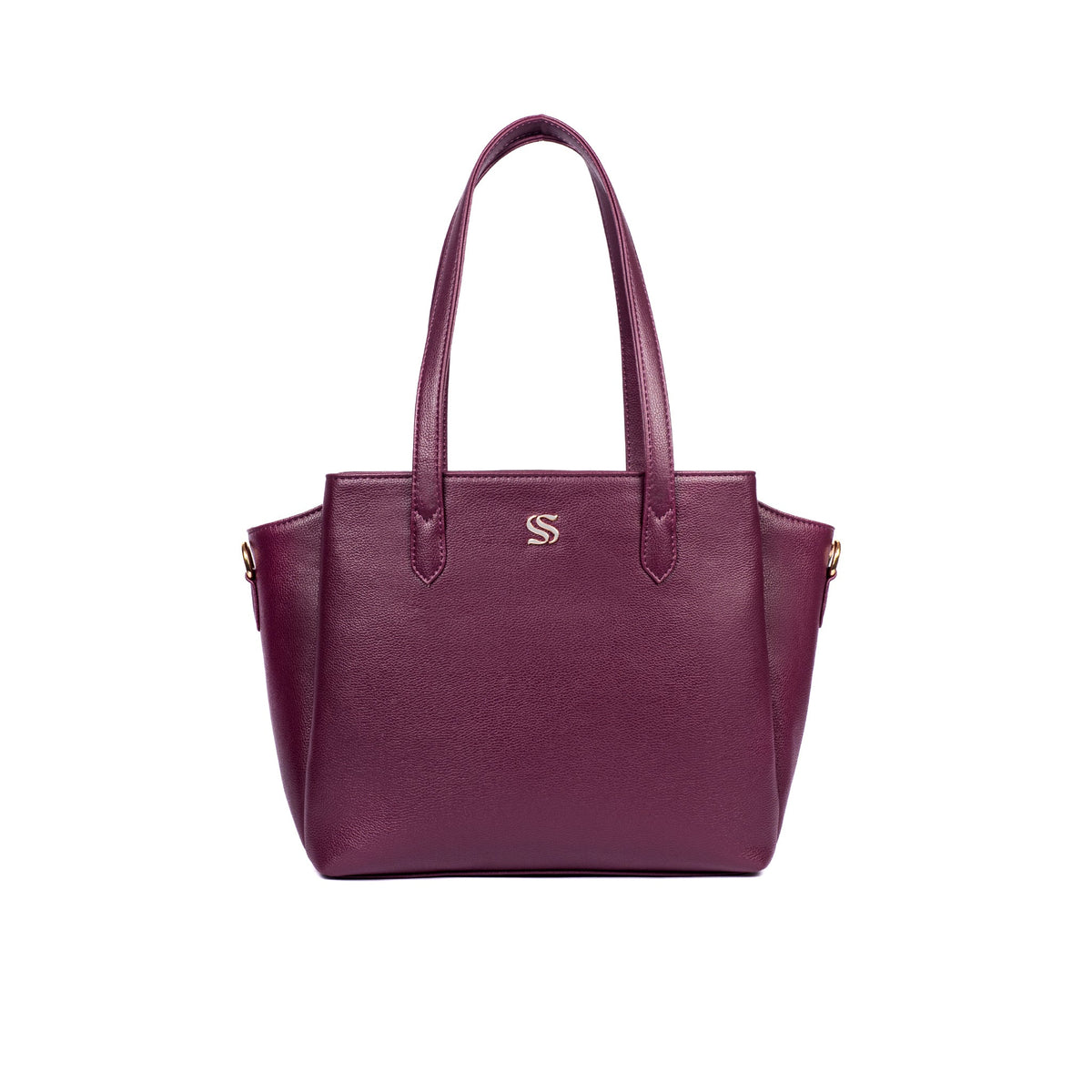 Burgundy mini tote bag with dual handles and gold crest monogram