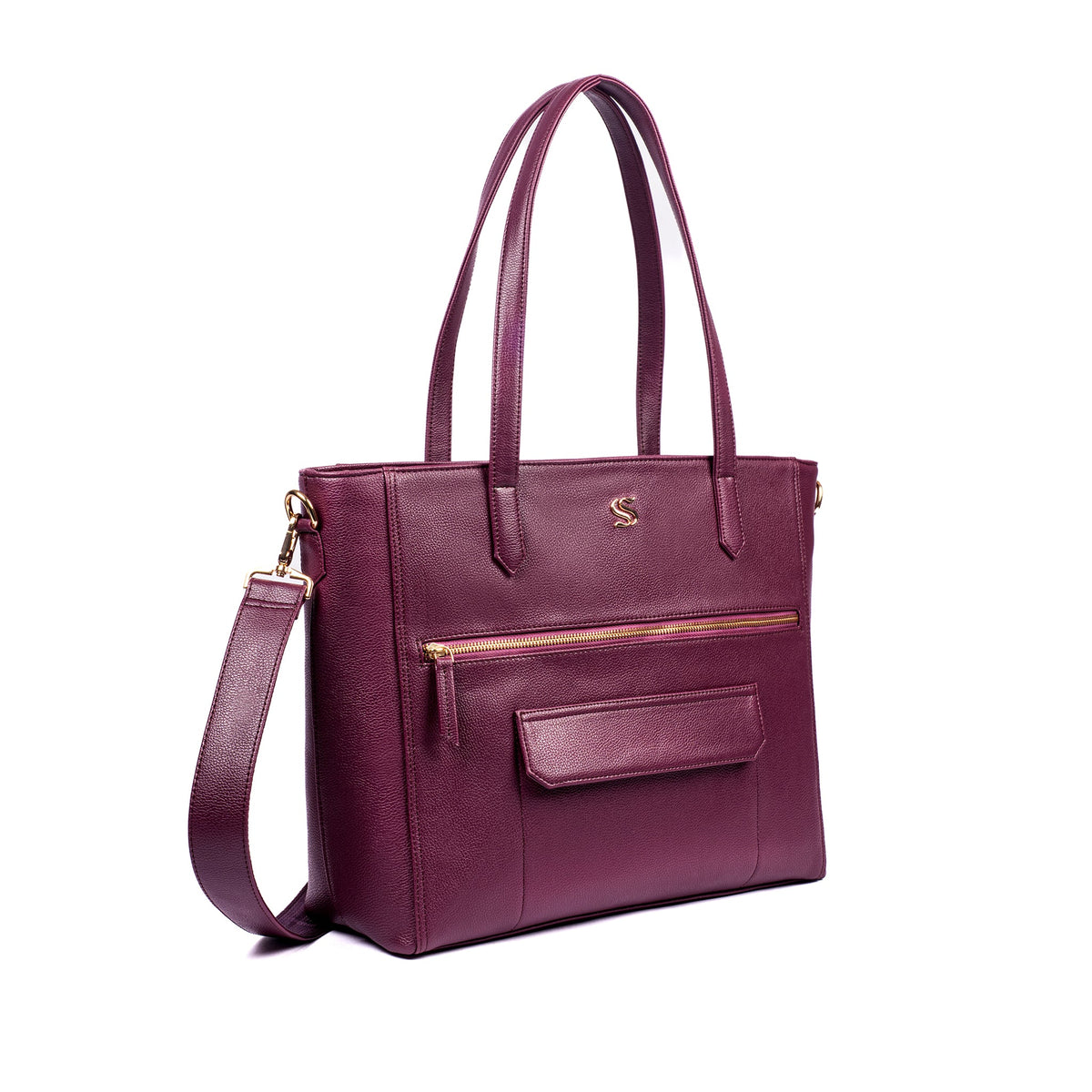 Burgundy structured tote bag with two top handles and front flap pocket