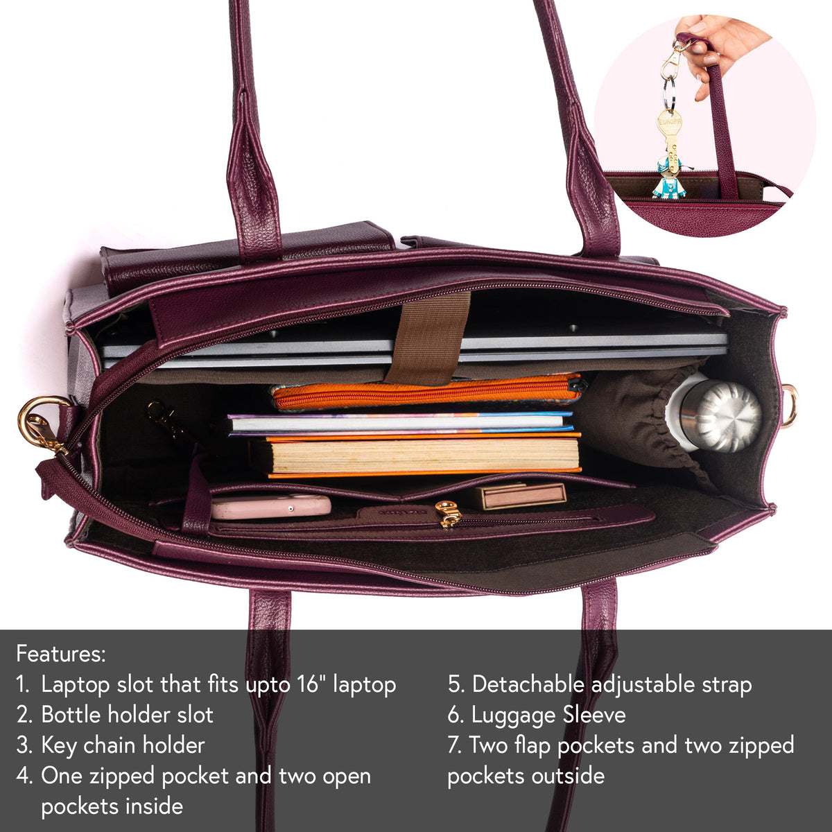 Open burgundy leather tote showing laptop compartment and interior organizers