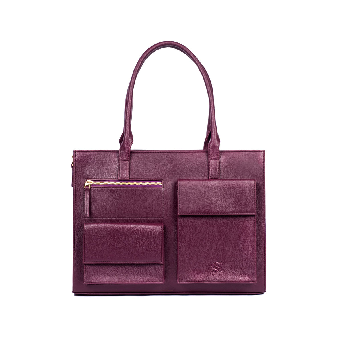 Burgundy leather tote with central front pocket panel and embossed S logo