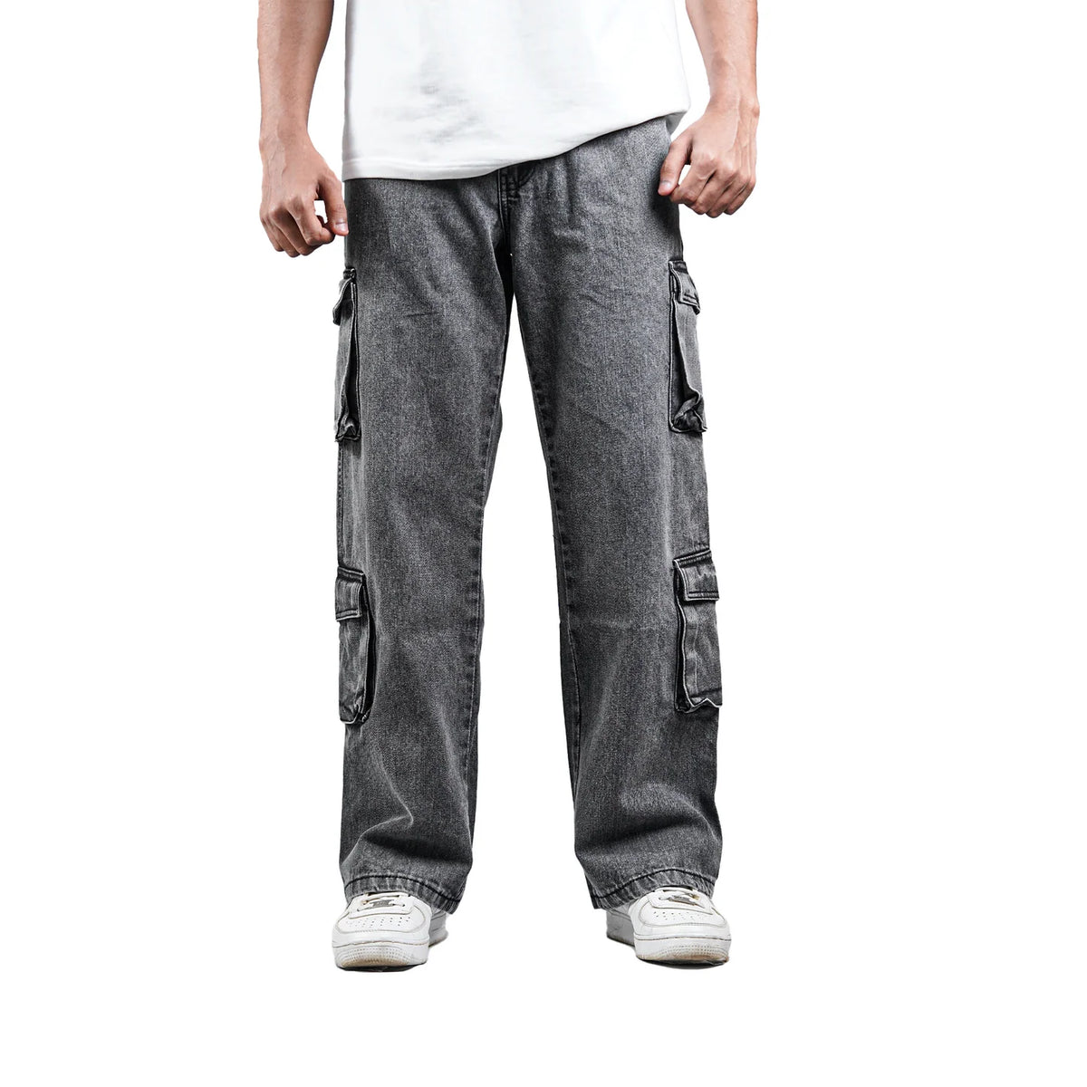 Grey denim cargo pants with multiple cargo pockets and relaxed straight-leg fit