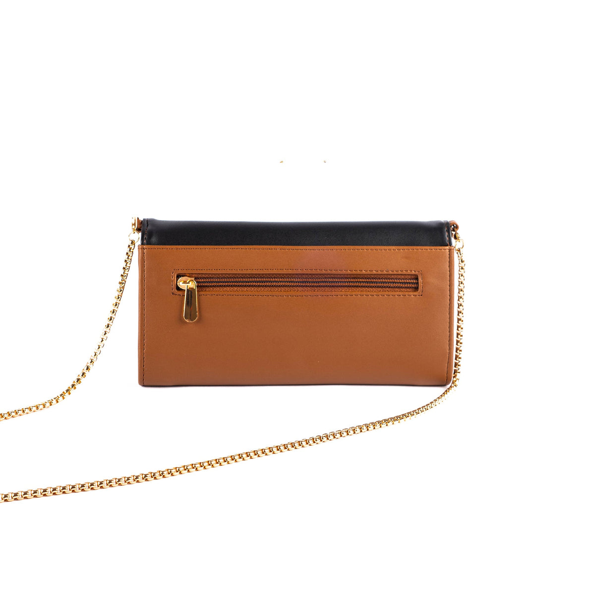 Two-tone clutch wallet with gold chain strap, black top and caramel bottom