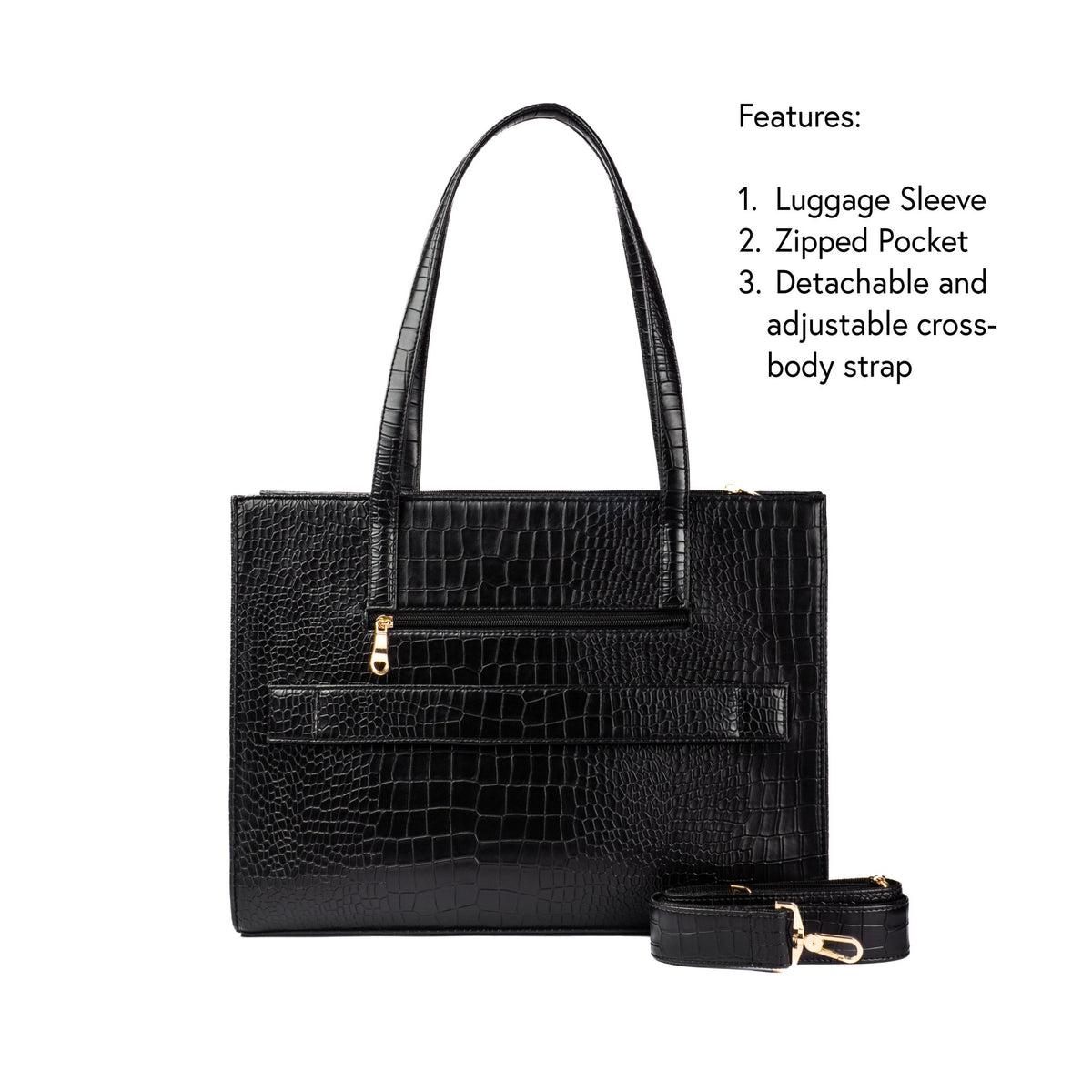 Charcoal croc-effect tote bag with top handles, luggage sleeve, and detachable crossbody strap