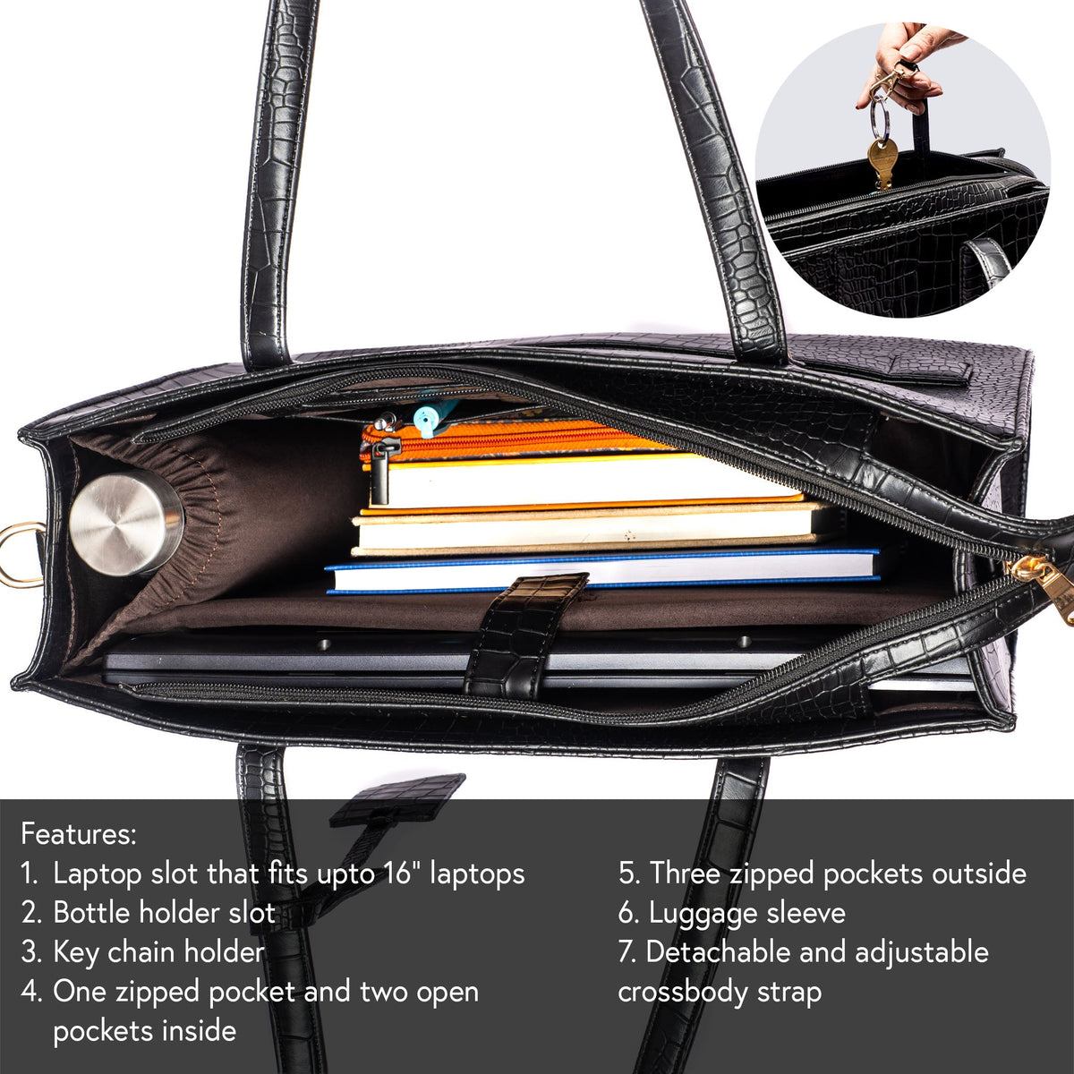 Open charcoal croc-effect tote with laptop sleeve, zip pocket, and organizer interior