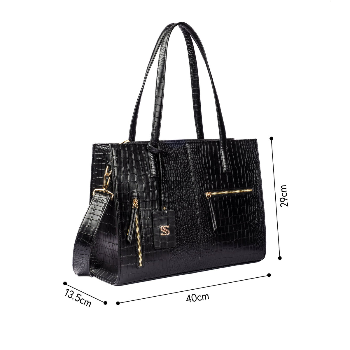 Charcoal croc-effect tote bag with top handles and front zip pockets, size shown