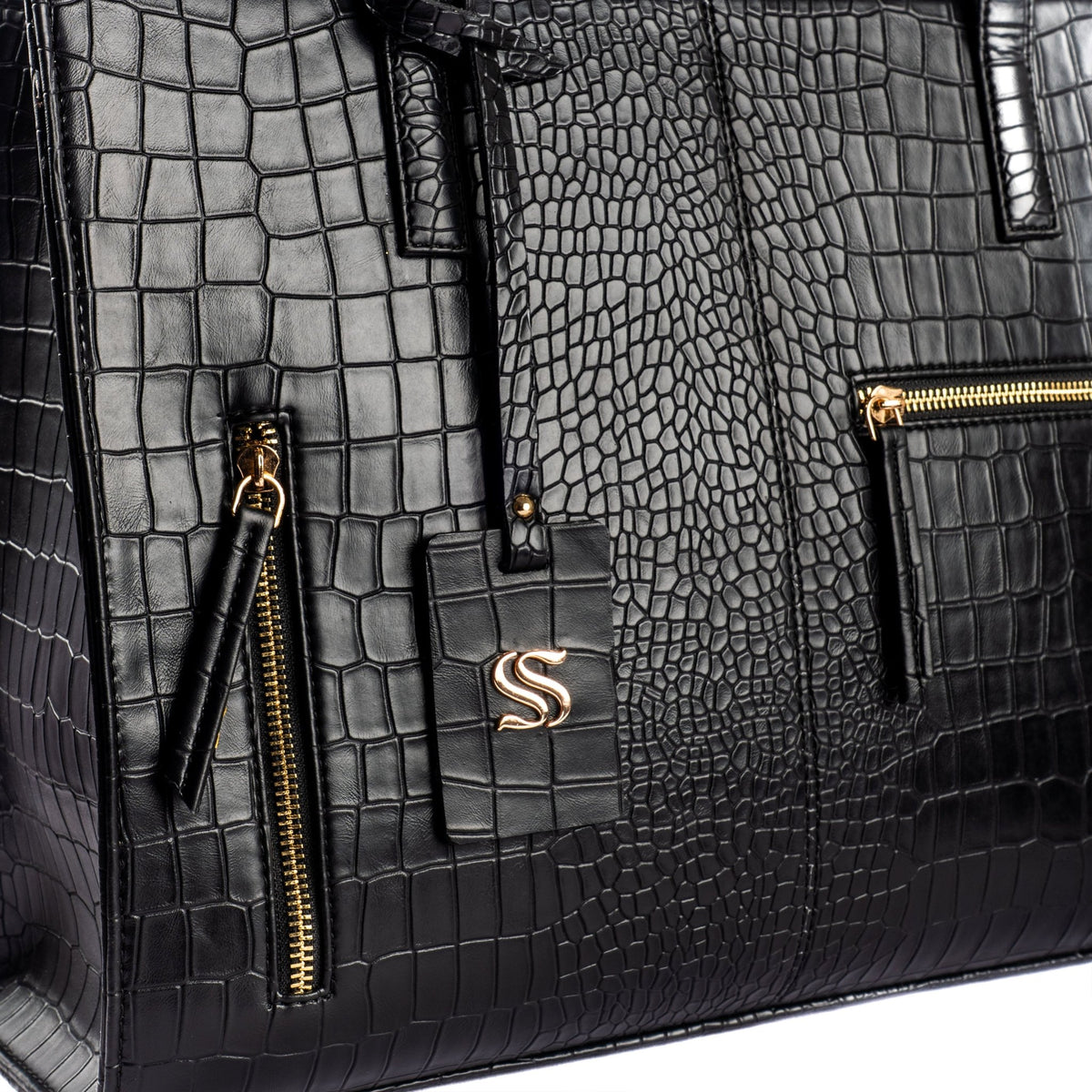 Charcoal textured croc-effect tote bag with gold zipper and S charm front detail