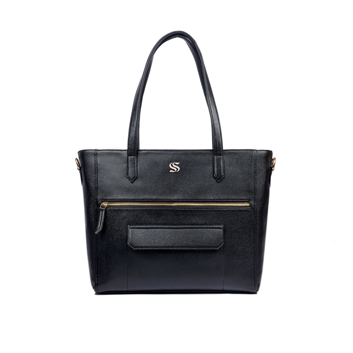 Black tote bag front view with centered monogram S, zip pocket, and gold hardware