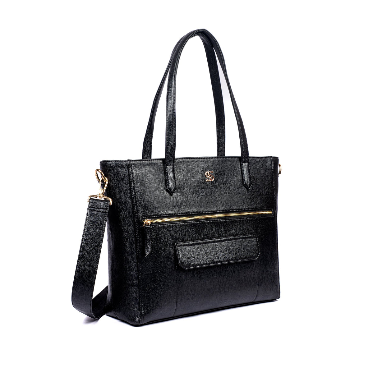 Black charcoal tote bag with front zip pocket, top handles, and detachable crossbody strap