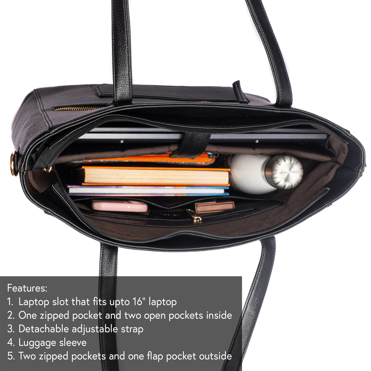 Black tote bag open view showing laptop slot, interior pockets, and gold zipper trim