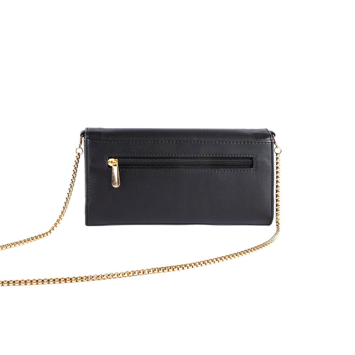 Charcoal clutch wallet with gold chain strap and front zip pocket.