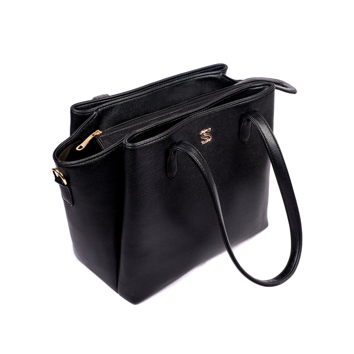 Charcoal zip-top tote bag with dual handles and a shoulder strap attachment on the side.