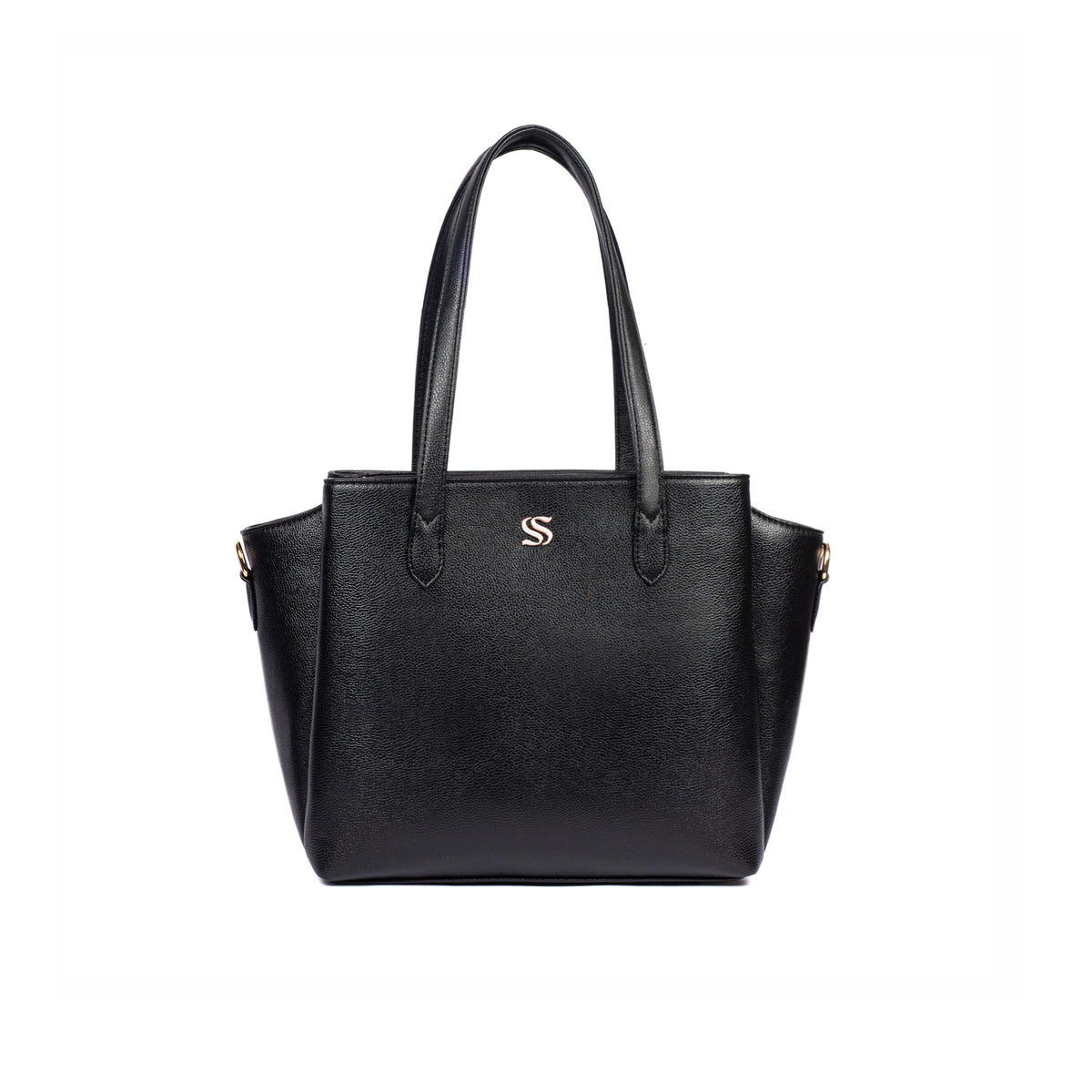 Charcoal tote bag with top handles and centered logo patch, with smooth structured body.