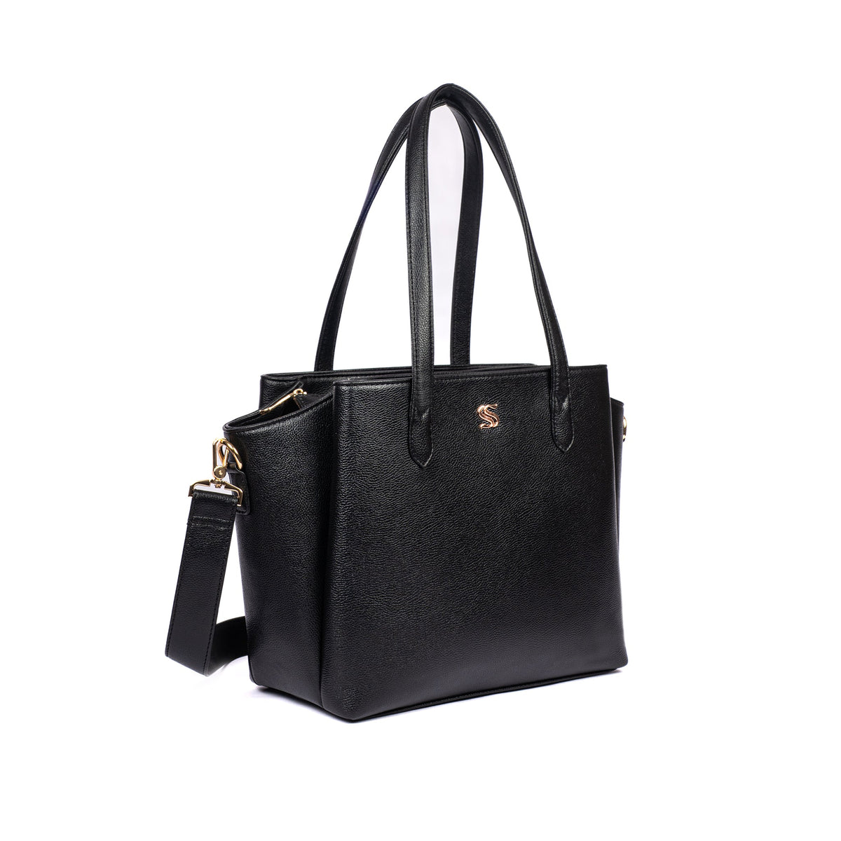 Charcoal leather-look tote bag with front logo, top handles, and a detachable wrist strap.